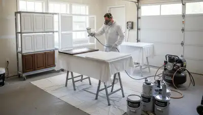 Professional cabinet painting process in Allen, TX showcasing smooth sprayed kitchen refinishing results
