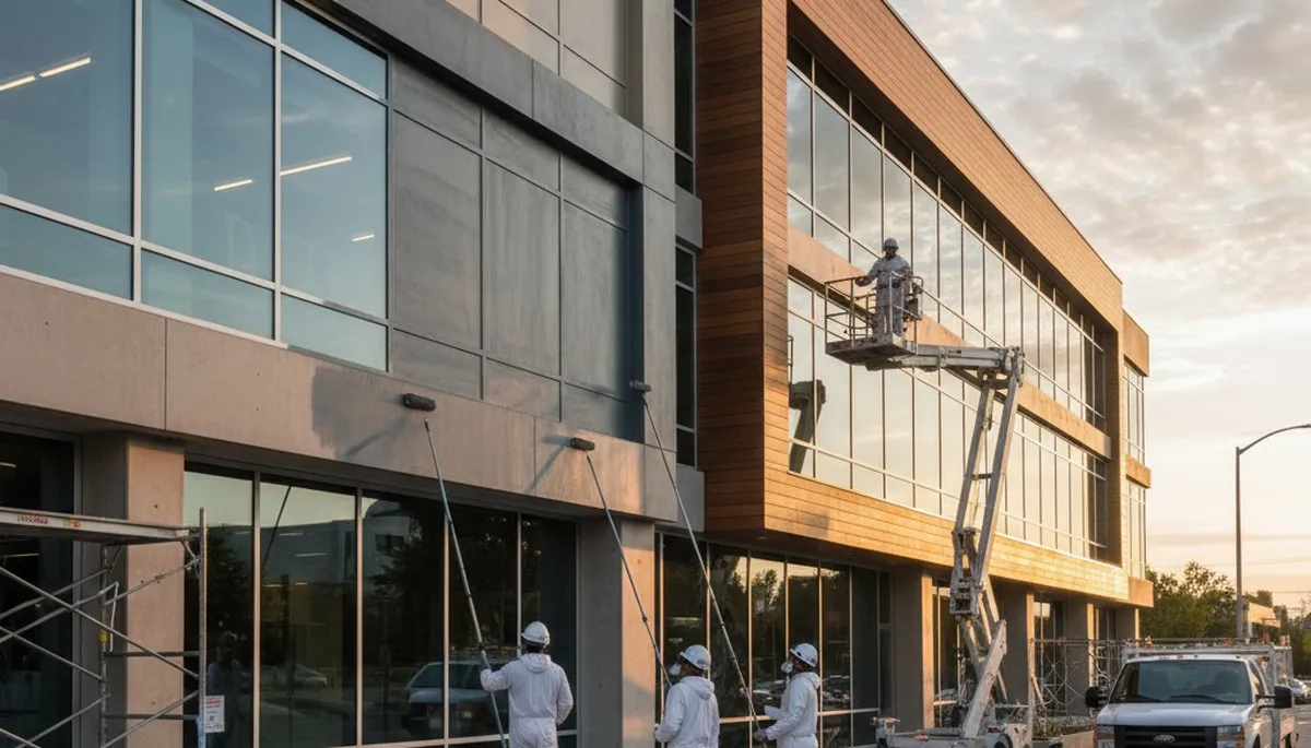 Professional commercial painters finishing office exterior in Allen, TX for lasting business results