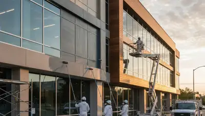 Professional commercial painters finishing office exterior in Allen, TX for lasting business results