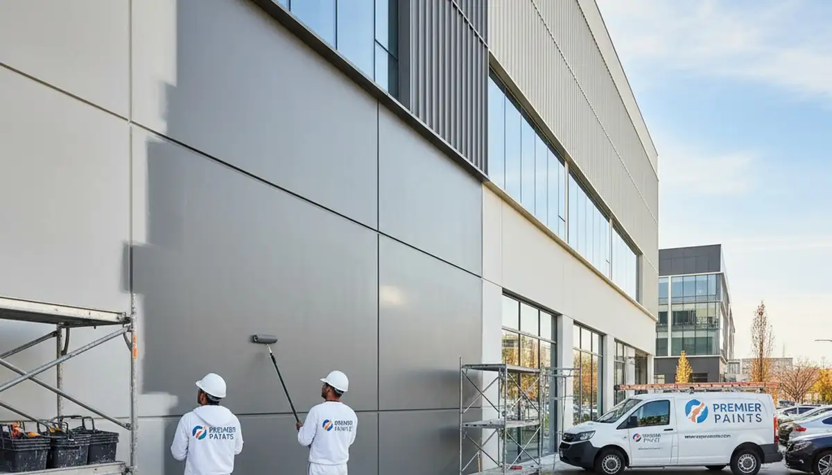 Professional commercial painters in Allen TX applying durable exterior paint to business building