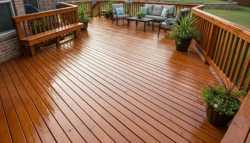 Finished deck staining in Allen, TX showing restored wood beauty and weather-protected outdoor space