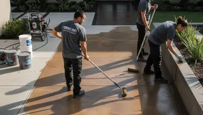 Professional concrete staining on residential patio in Allen, TX by expert house painters