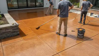 Professional concrete staining on residential patio in Allen, TX by expert house painters