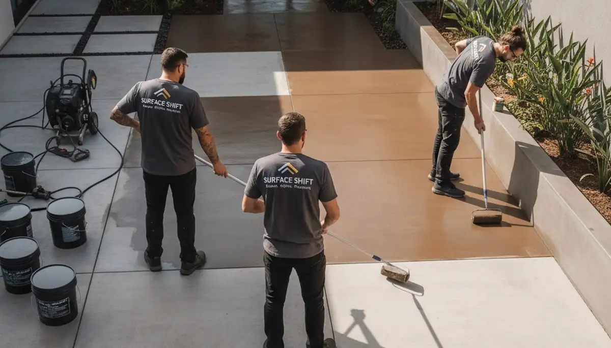 Professional concrete staining on patio surface in Allen, TX by local house painting experts