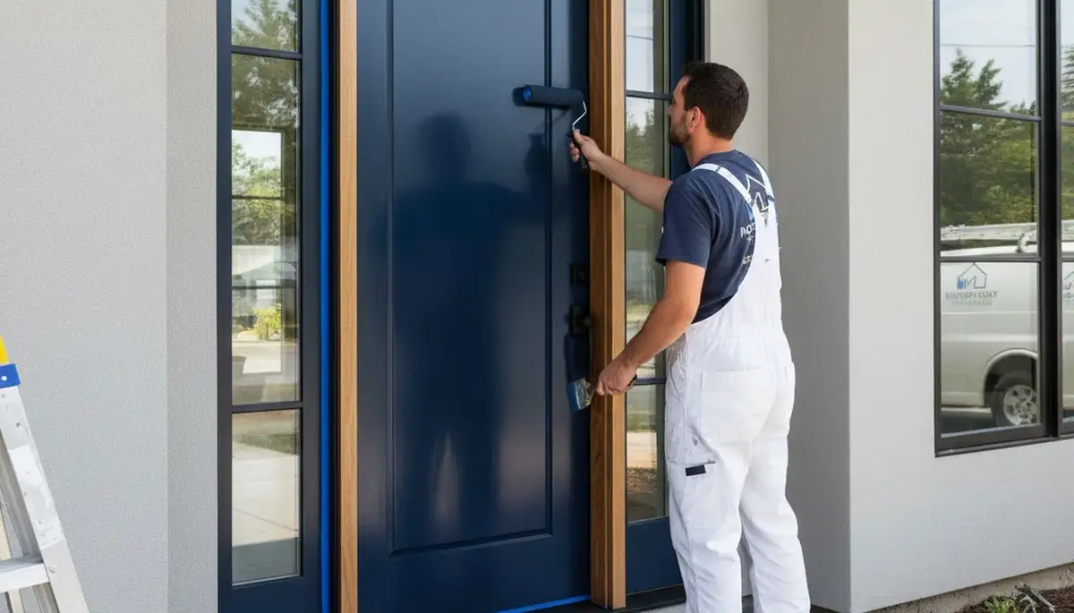 Professional painter refinishing front door in Allen, TX for durable, weather-resistant curb appeal