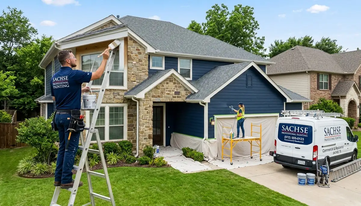 Professional house painter working on residential exterior in Allen, TX