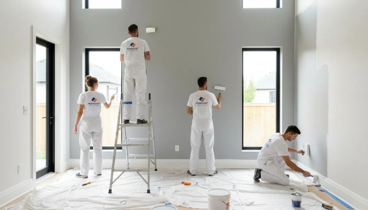 Professional interior house painters finishing living room walls in Allen, TX