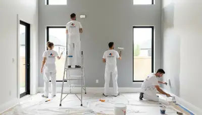 Professional interior house painters finishing living room walls in Allen, TX