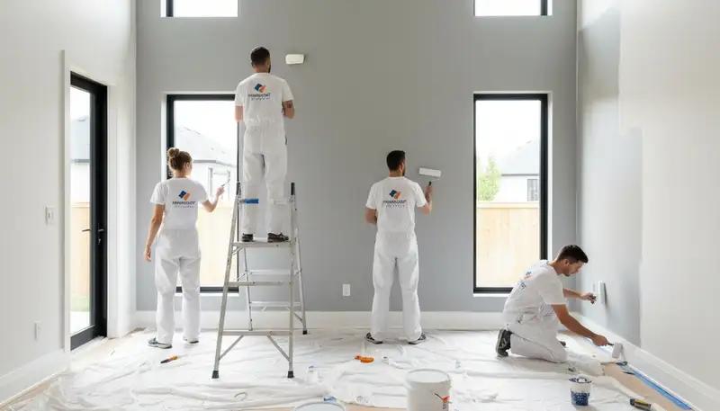 Professional interior house painters finishing living room walls in Allen, TX