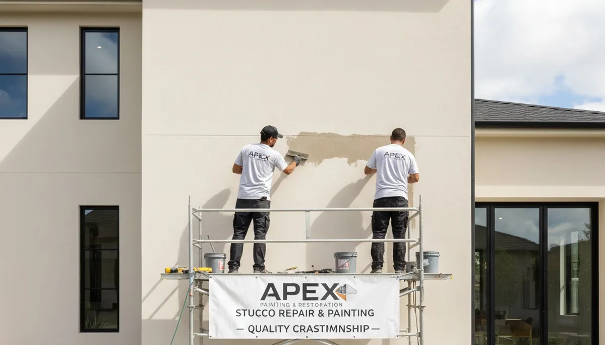 Professional stucco repair and painting on home exterior in Allen, TX by local expert painters