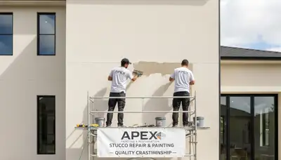 Professional stucco repair and painting on home exterior in Allen, TX by local expert painters