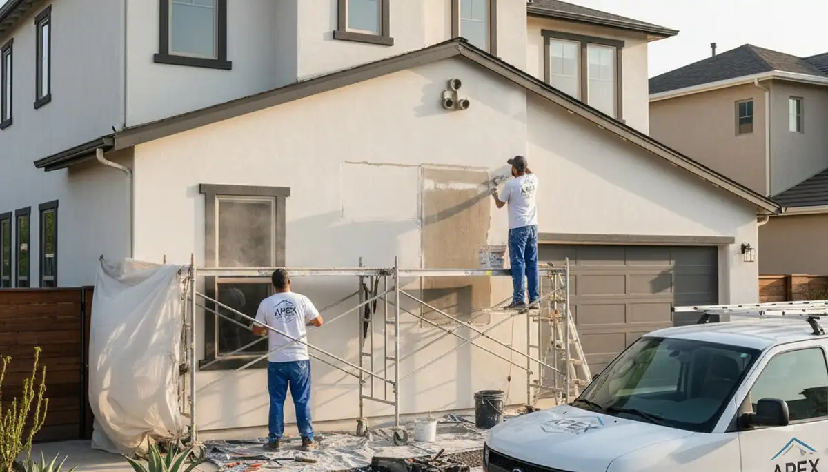 Professional stucco repair and painting on residential home exterior in Allen, TX